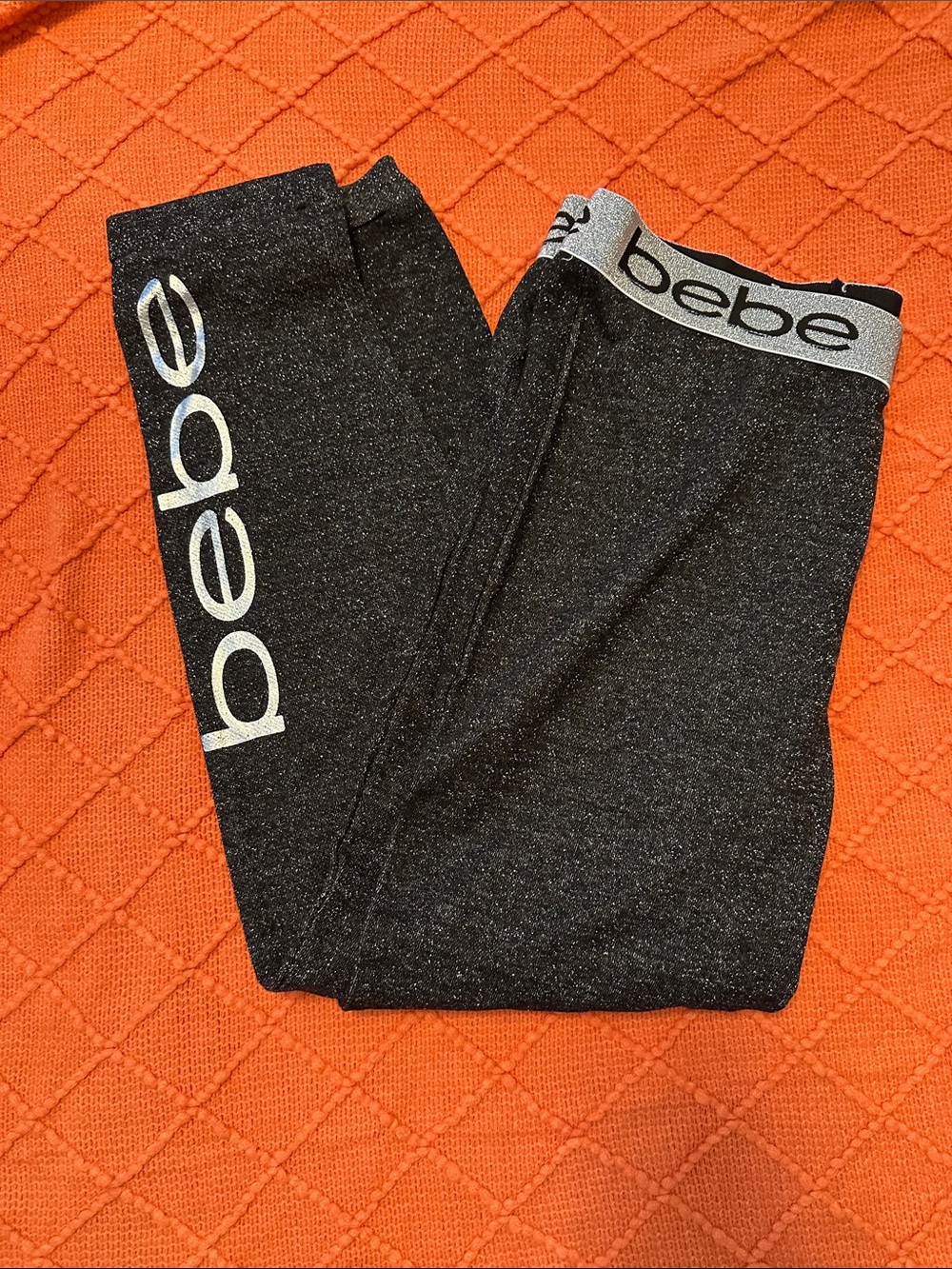 bebe Black Glitter Logo Leggings with Silver Waistband